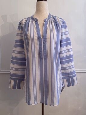 J.Crew Blue White Striped Popover Tunic Split Neck Long Sleeve XS
